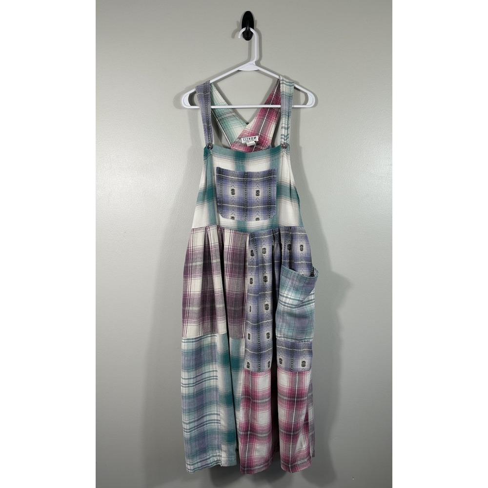 Vtg Citron Santa Monica Dress Womens 1 S/M Plaid Flannel Overall‎ Patchwork Boho